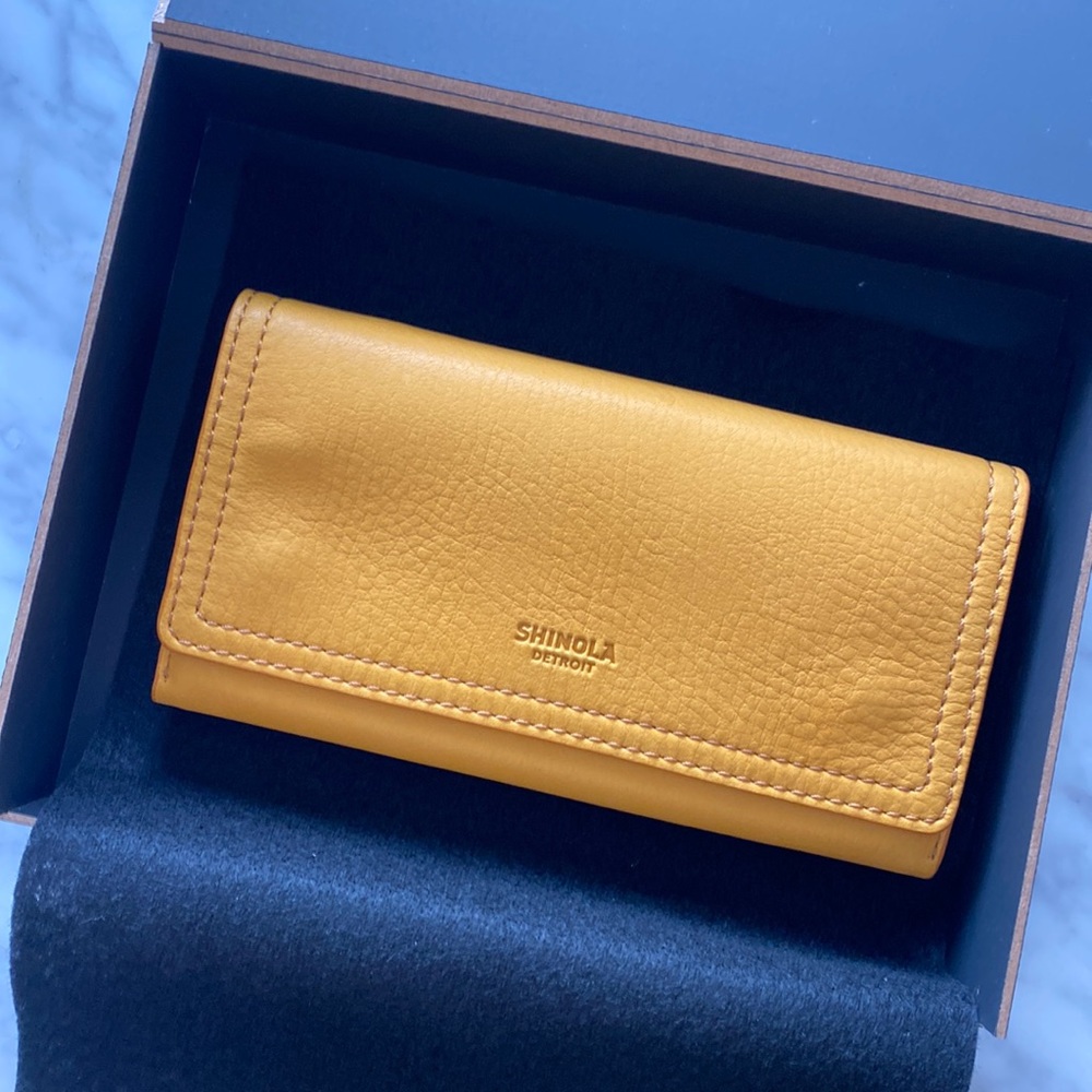 Yellow Shinola large snap wallet